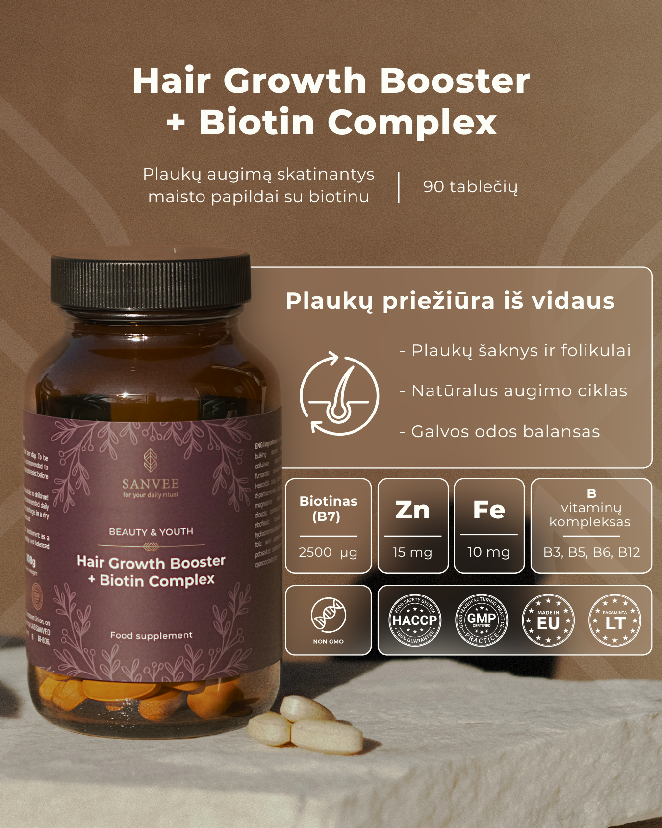 Plaukų augimą skatinantys maisto papildai su biotinu | 90 tablečių