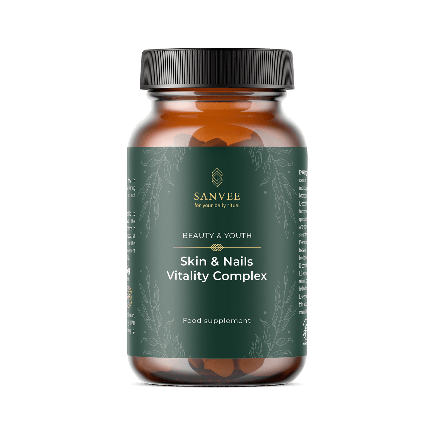 Sanvee skin and nails vitality complex supplement bottle isolated on white background